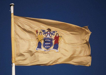 Flag of New Jersey waving against a clear blue sky.