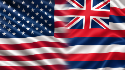 US and a Hawaii flags blended together.